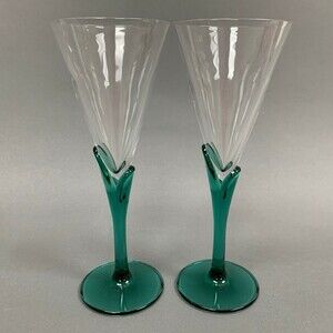 Clear Green Tulip Stem Champagne Glass Glasses 8 high Lot of 2